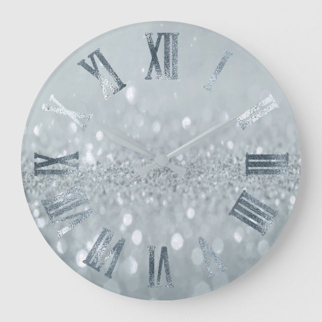 Blue Silver Glitter Gray Metal Roman Numbers Große Wanduhr (Vorderseite)