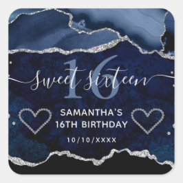 Blue & Silver Glitzer Agate Marble Sweet 16 Quadratischer Aufkleber