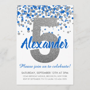 Blue Silver Glitzer Confetti Boy 5. Geburtstag Einladung