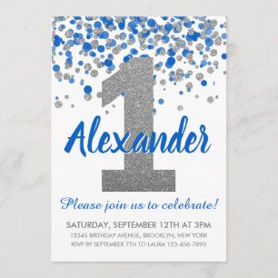 Blue Silver Glitzer Confetti Boy Erster Geburtstag Einladung