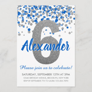 Blue Silver Glitzer Confetti Boy Sechster Geburtst Einladung