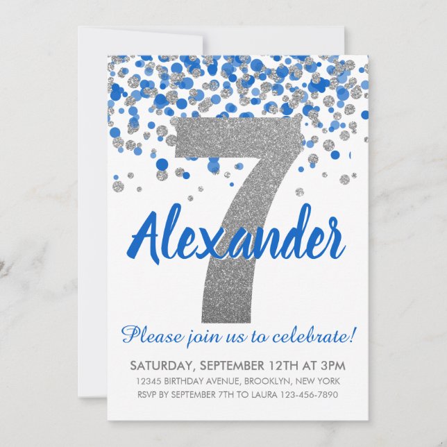 Blue Silver Glitzer Confetti Boy Siebter Geburtsta Einladung (Vorderseite)
