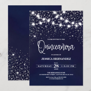 Blue Silver Glitzer Glitzern Lights Quinceañera Einladung