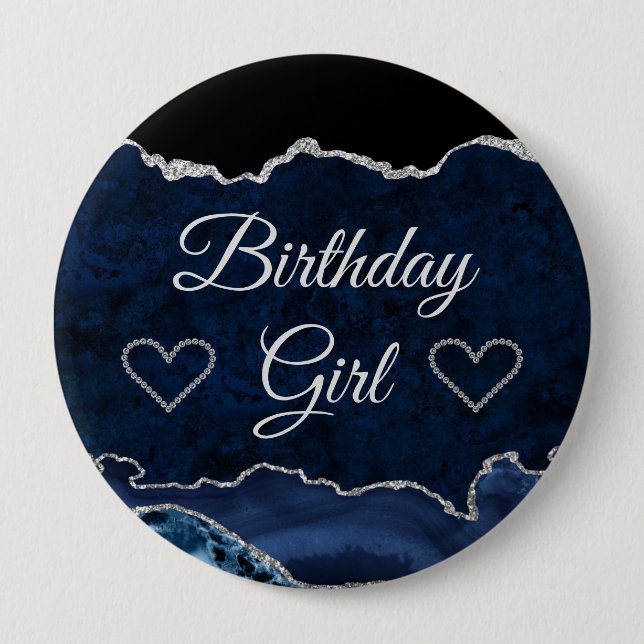 Blue & Silver Glitzer Marble Agate Birthday Girl Button (Vorderseite)