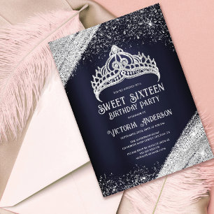 Blue Silver Glitzer Princess Tiara Sweet 16 I Einladung