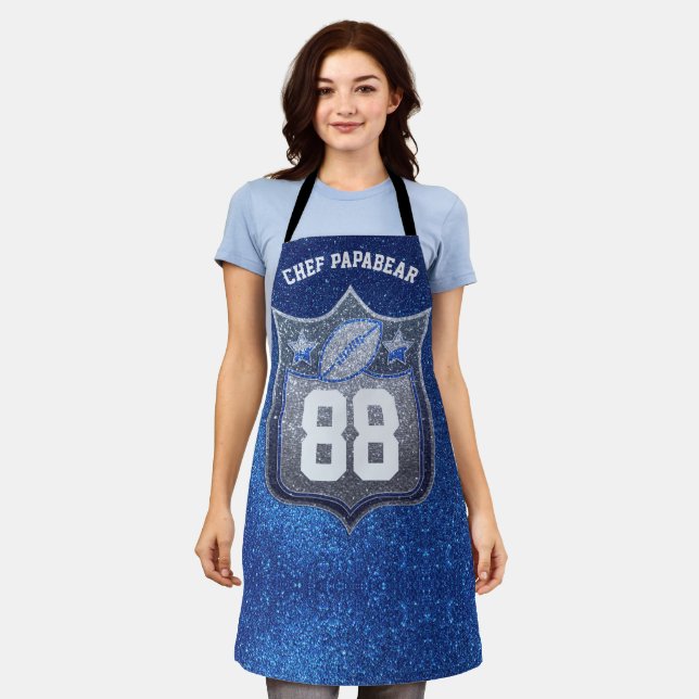 Blue & Silver Glitzer School Football Team Sports Schürze (Getragen)