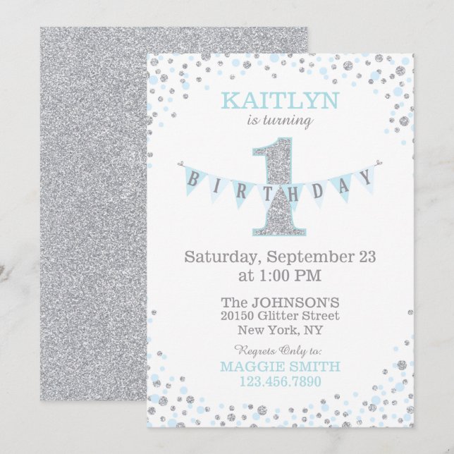 Blue Silver Glitzer Sparkle Einladung zum Geburtst (Vorne/Hinten)