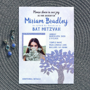 Blue & Silver Glitzer Tree Bat Mitzvah Einladung