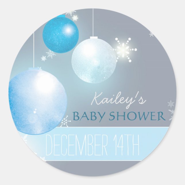 Blue Silver Gray Winter Baby Boy Dusche Runder Aufkleber (Vorderseite)