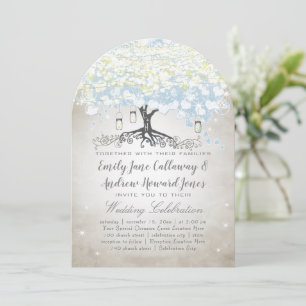 Blue & Silver Heart Leaf Tree Woodsy Boho Wedding Einladung