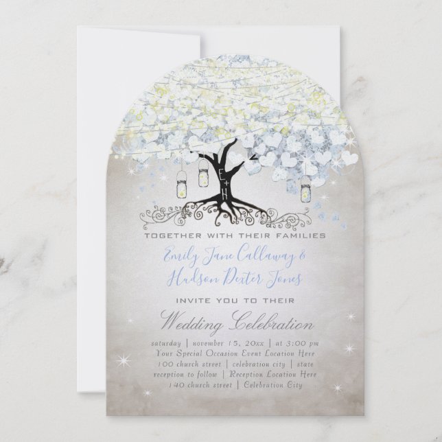 Blue & Silver Heart Leaf Tree Woodsy Boho Wedding Einladung (Vorderseite)