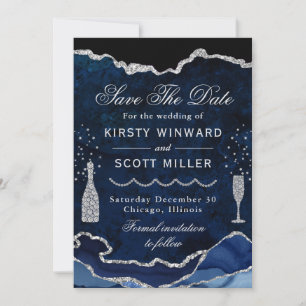 Blue & Silver Imitats Glitzer Marble Agate Wedding Save The Date
