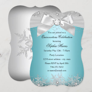 Blue Silver Jewel Bow Snowflake Quinceanera Einladung