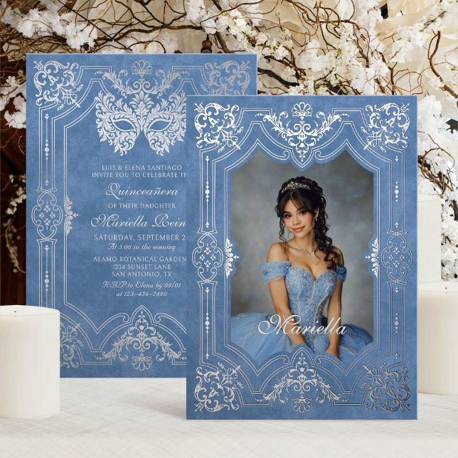 Blue Silver Masquerade Foto Quinceanera Folieneinladung (Von Creator hochgeladen)