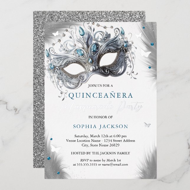 Blue Silver Masquerade Maske Butterfly Quinceanera Folieneinladung (Vorderseite/Rückseite)