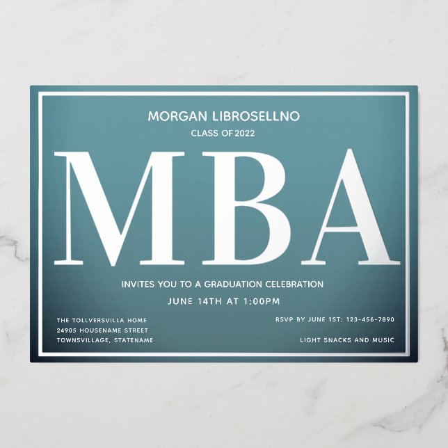 Blue Silver MBA Abschluss Folieneinladung (Vorderseite)