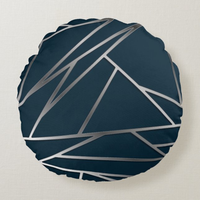 Blue Silver Modern Geometric Rundes Kissen (Vorderseite)