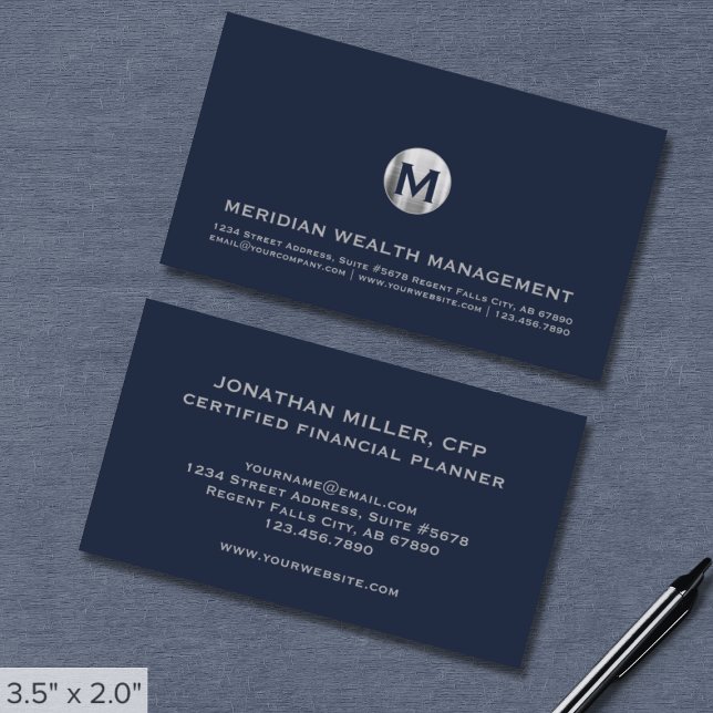 Blue Silver Monogram Financial Business Card Visitenkarte (Von Creator hochgeladen)