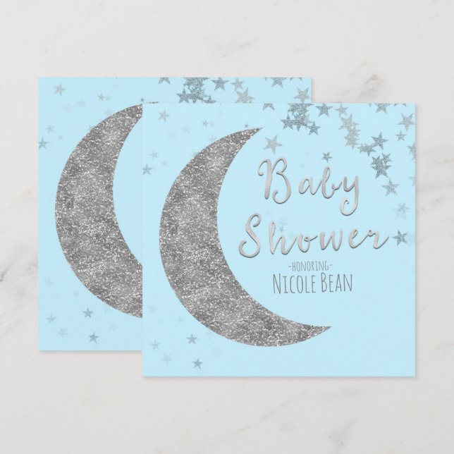 Blue & Silver Moon & Stars Kinderdusche Einladunge Einladung (Vorne/Hinten)