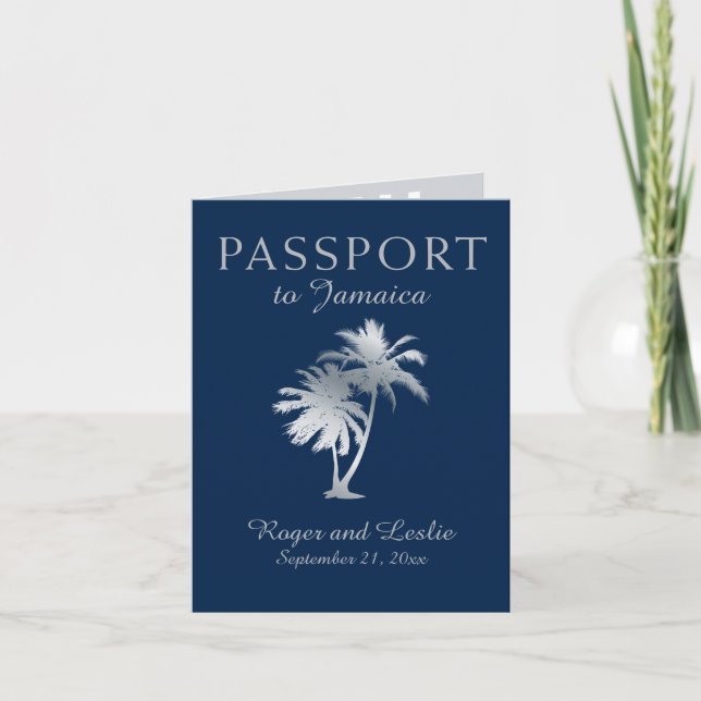 Blue Silver Ocho Rios Jamaica Wedding Passport Inv Einladung (Vorderseite)