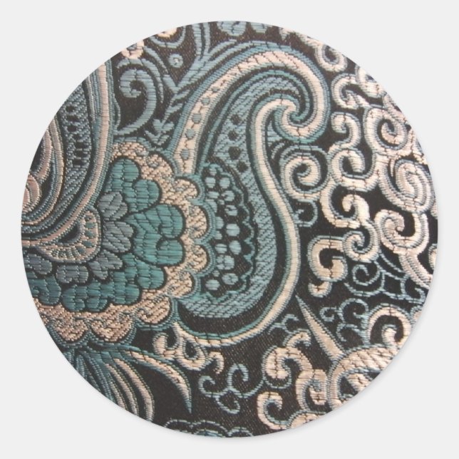 Blue & Silver Paisley Brocade Runder Aufkleber (Vorderseite)