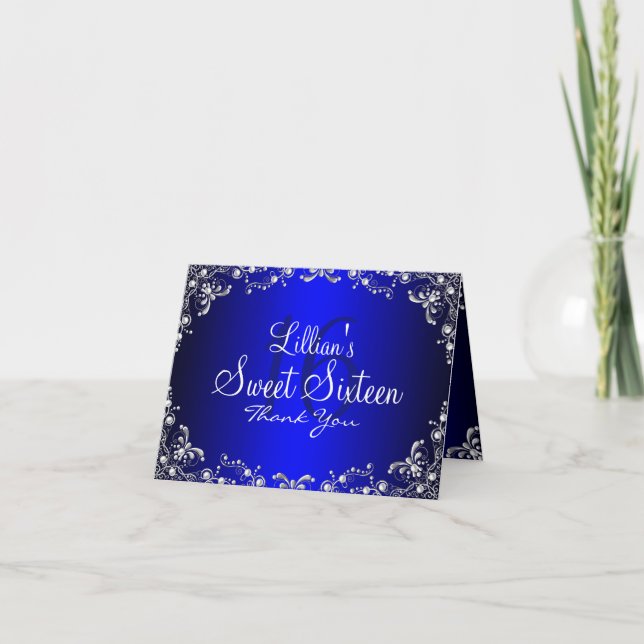 Blue Silver Pearl Damask Sweet 16 Cartes de remerc (Devant)