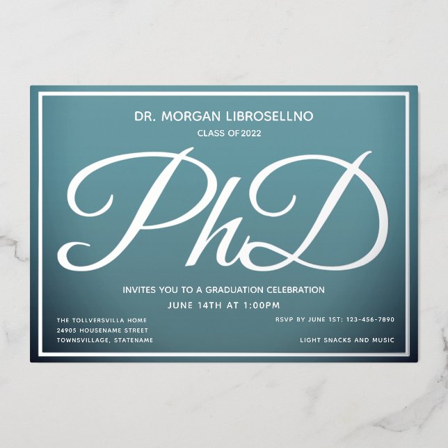 Blue Silver PhD Abschluss Folieneinladung (Vorderseite)