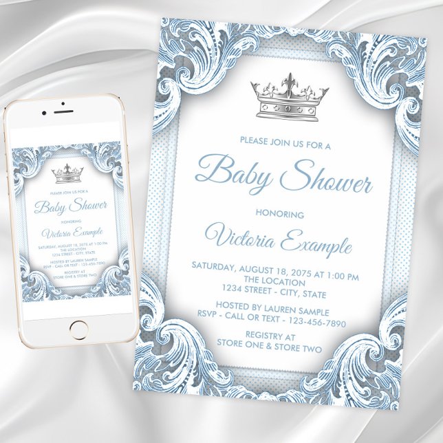 Blue Silver Prince Baby Dusche Einladungen (Blue Silver Prince Baby Shower Invitations. Instant download and printed invitations available.)