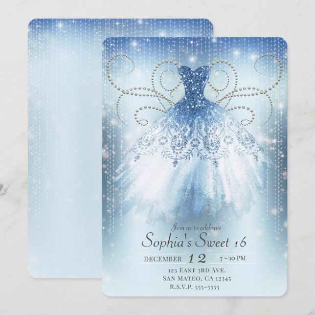 Blue Silver Princess Glitzer Dress Sweet 16 Party Einladung (Vorne/Hinten)