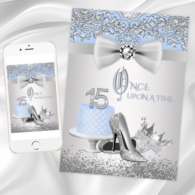 Blue Silver Quinceanera Princess Einladungen (Blue Silver Quinceanera Princess Invitations. Digital download and print files available.)