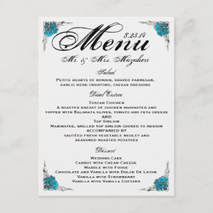 Blue Silver Rose Wedding Dinner Menu Vielen Dank Postkarte