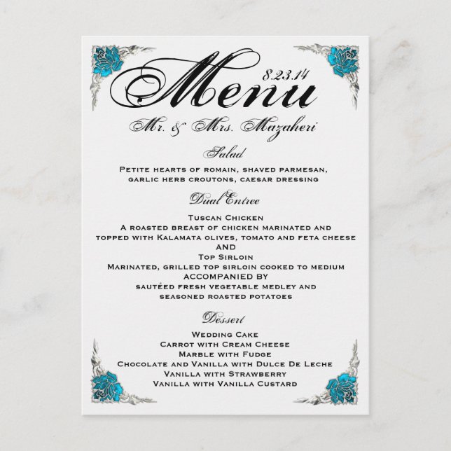 Blue Silver Rose Wedding Dinner Menu Vielen Dank Postkarte (Vorderseite)