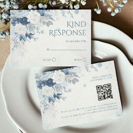 Blue Silver Rose Winter Floral Wedding QR Code RSVP Karte