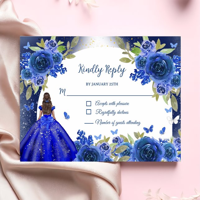 Blue Silver Rosen Quinceanera Geburtstag RSVP Karte (Von Creator hochgeladen)