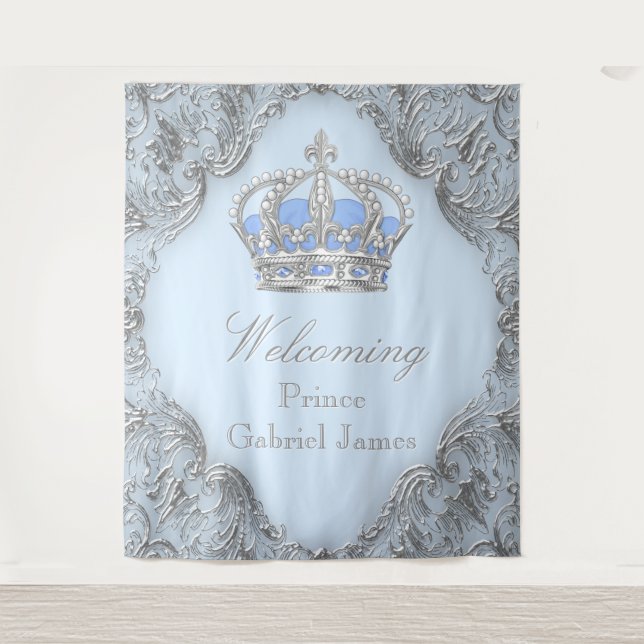 Blue Silver Royal Prince Baby Dusche Hintergrund Wandteppich (Vorderseite)