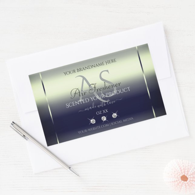 Blue Silver Shimmery Product Label Jewels Monogram Rechteckiger Aufkleber (Umschlag)