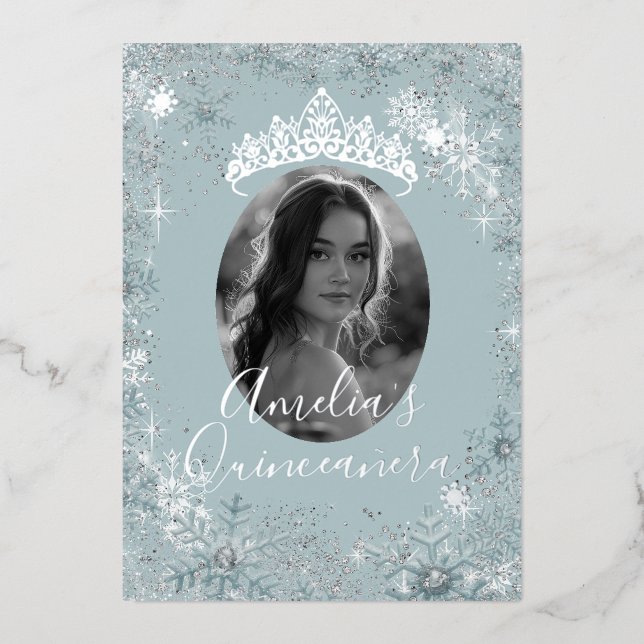 Blue Silver Snowflake Foto Quinceanera Folieneinladung (Vorderseite)