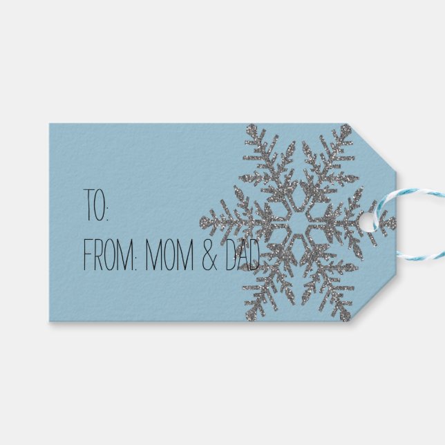 Blue Silver Snowflake Glitzer Bling Geschenkanhänger (Vorderseite (Horizontal))