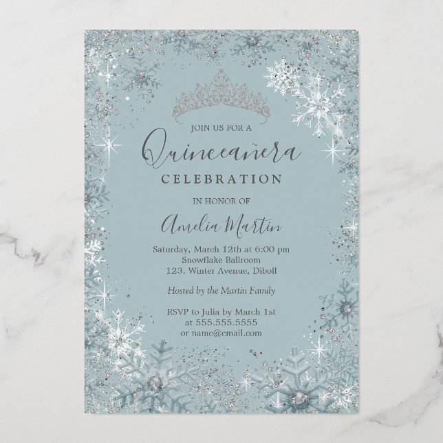 Blue Silver Snowflake Photo Quinceanera  Folieneinladung (Rückseite)