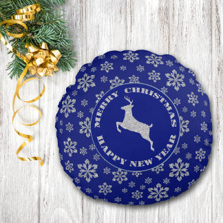 Blue Silver Snowflake Rentier Rundes Kissen