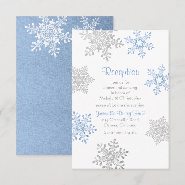 Blue Silver Snowflake Winter Wedding Empfang Begleitkarte (Vorne/Hinten)