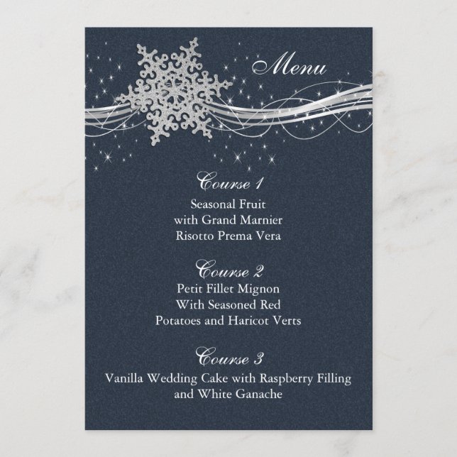 Blue Silver Snowflakes Carte menu mariage hiver (Devant)
