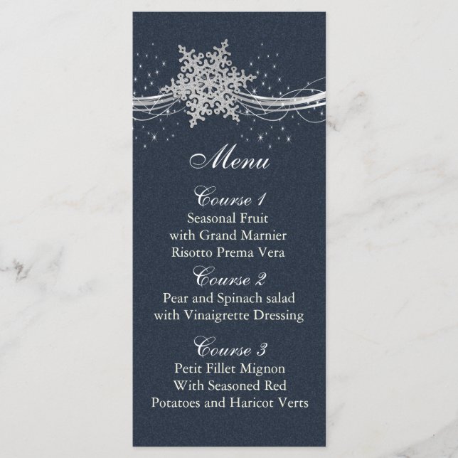 Blue Silver Snowflakes Carte menu mariage hiver (Devant)