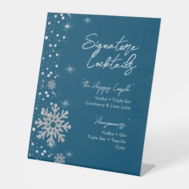 Blue Silver Snowflakes Signature Cocktail Menu Sockelschild (Vorderseite)