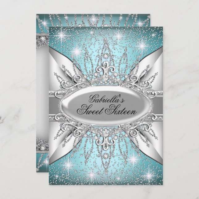 Blue & Silver Sparkle Diamond Sweet 16 Einladung (Vorne/Hinten)