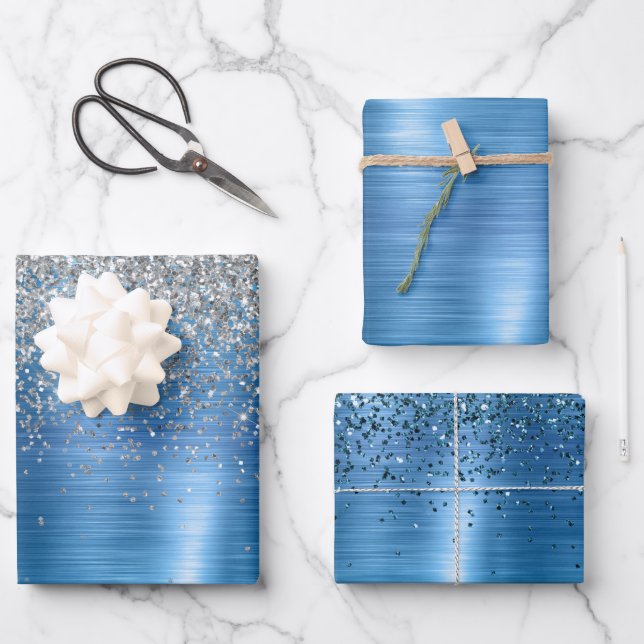 Blue Silver Sparkle Glitzer Geschenkpapier Set (Vorderseite)