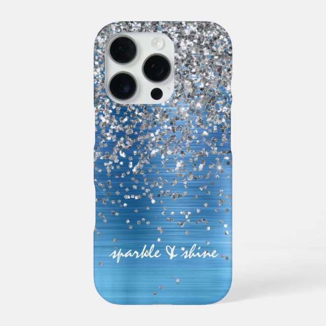 Blue Silver Sparkle Glitzer personalisiert iPhone 16 Pro Hülle (Rückseite)