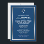 Blue Silver Star von David Bar Mitzvah Einladungen<br><div class="desc">Eine klassische Bar Mitzvah-Einladung mit einem Star of David Design in Silber und Dunkelblau. Modern und formell. Personalisieren Sie Ihre Veranstaltung ganz einfach! Designs sind flache gedruckte Illustrationen/Grafiken - NICHT AKTUELLE SILVER FOIL.</div>