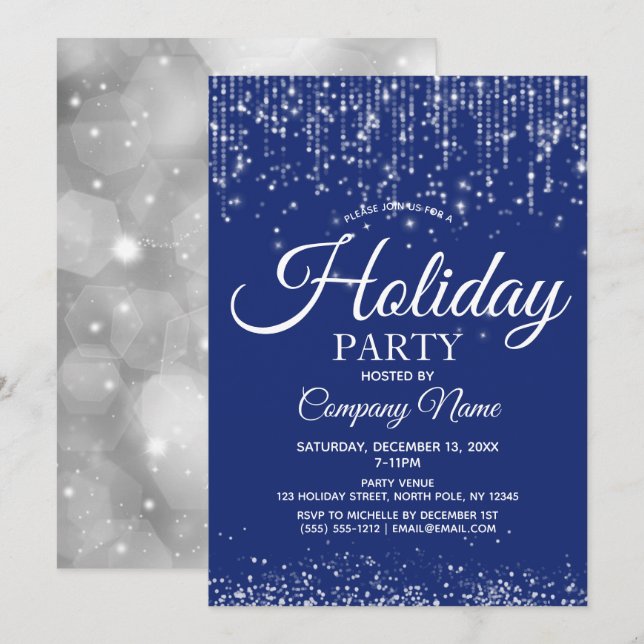 Blue Silver String Lights Corporate Holiday Party Einladung (Vorne/Hinten)