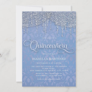 Blue Silver String Lights Damask Quinceañera Einladung